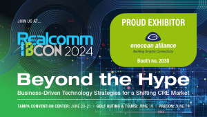 EnOcean Alliance at Realcomm/IBcon 2024 showcasing innovative wireless sensor solutions for smart, sustainable buildings.